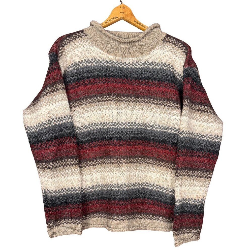 Vintage 90s Cabincore Knit Sweater, Cozy Striped Wool Blend, Earth Tone Pullover